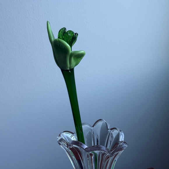 1 Murano Style Blown Glass Green Daffodil Flower Long Stem Floral Decor Gift - Picture 3 of 15
